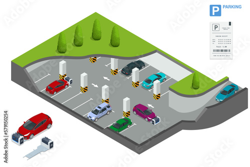 Isometric robot valet parking cars. Outdoor valet parking robot. Automated parking systems for cars Underground parking with cars. Indoor car park under house or office.