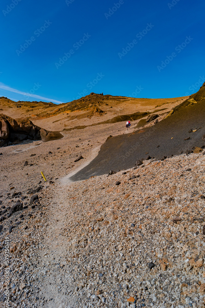 Cover page with Icelandic Moon like landscape near colorful volcanic caldera Askja, in the middle of volcanic desert in Highlands, blue sky, Iceland.