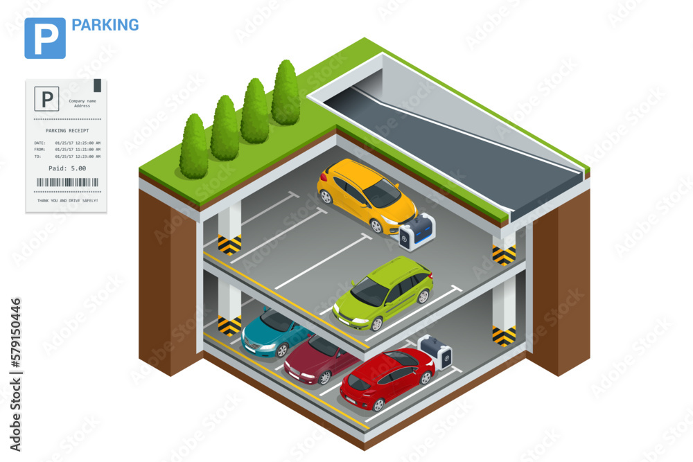 Isometric robot valet parking cars. Outdoor valet parking robot. Automated parking systems for cars Underground parking with cars. Indoor car park under house or office.