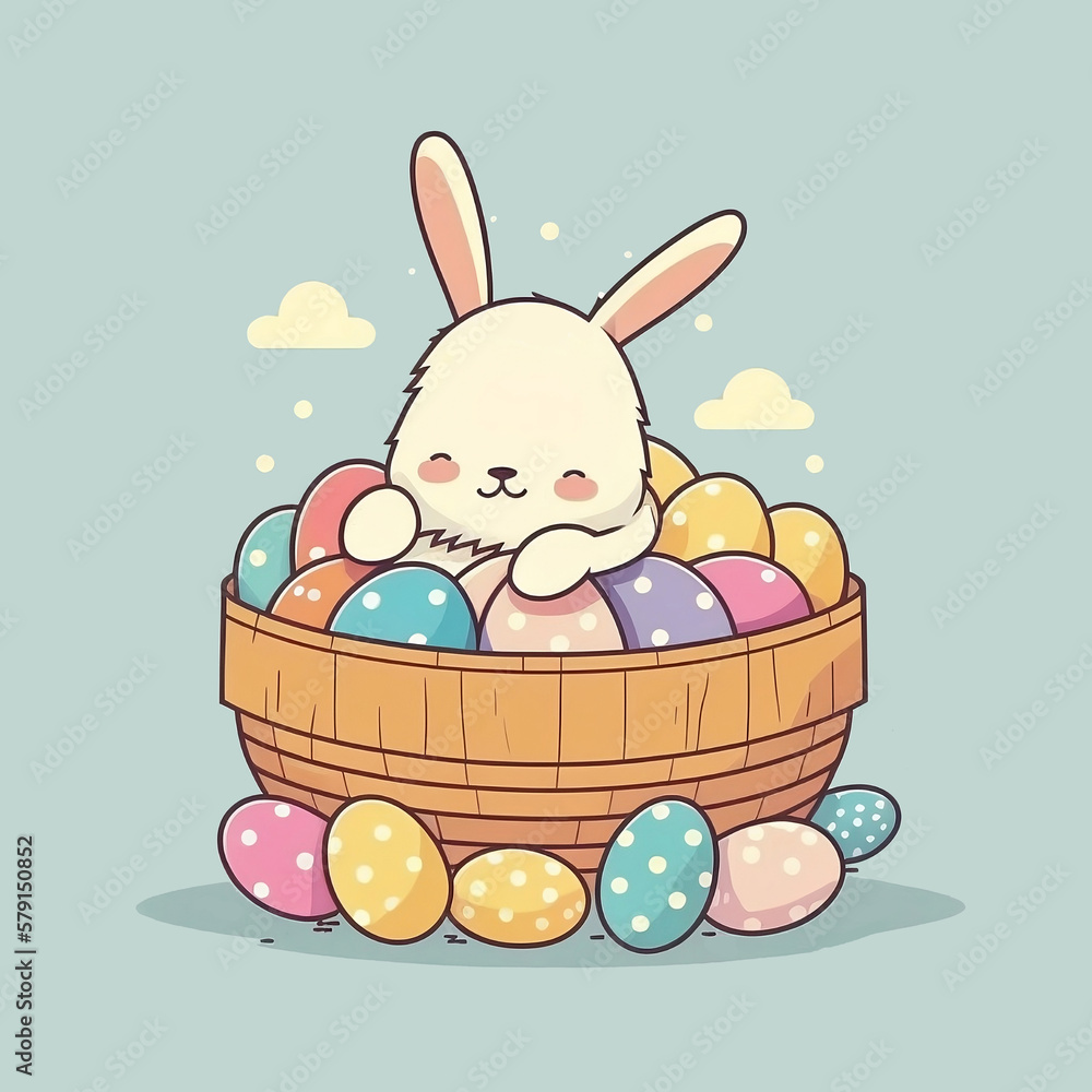 Smiling Easter Bunny Loves Painted Easter Eggs, Generative AI