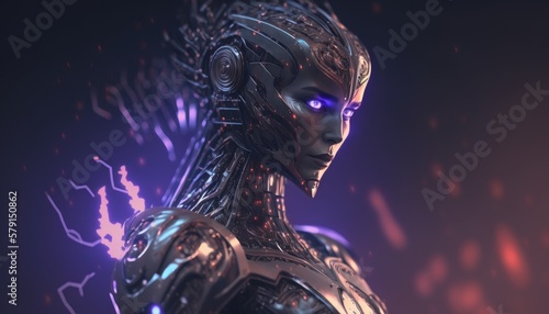 Modern futuristic female humanoid robot with metal outfit. concept of artificial intelligence or AI, shape of a woman. Generative AI
