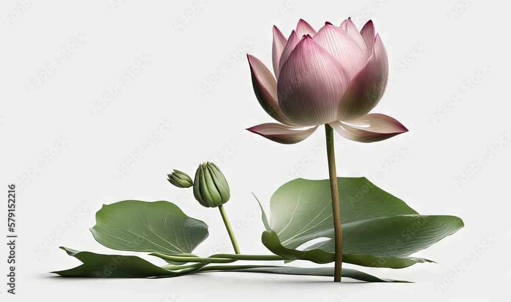 a pink lotus flower with green leaves on a white background. generative ai a pink lotus flower with green leaves on a white background. generative ai