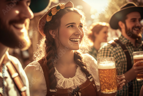 A pretty European woman in traditional dress celebrates the Oktoberfest beer festival. Ai generated.