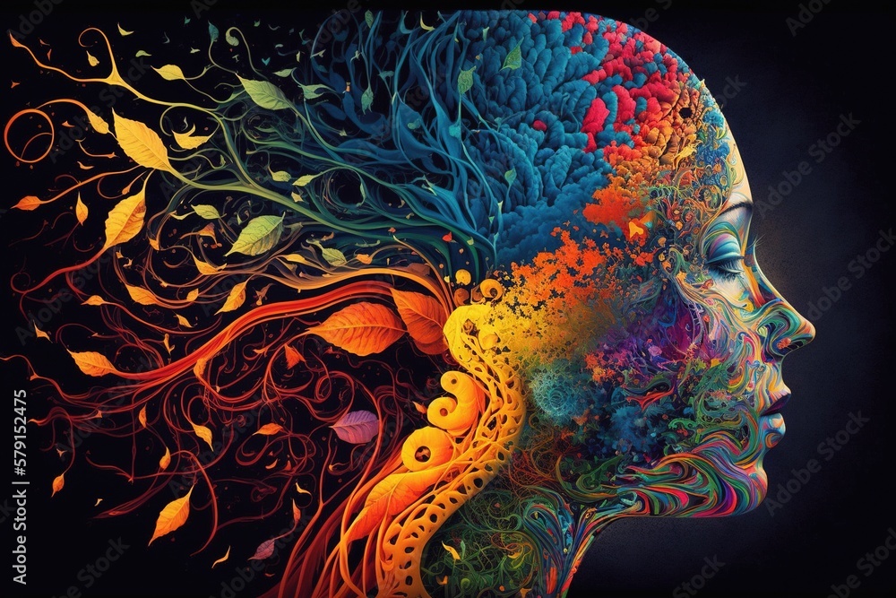 Colorful illustration of a human intelligence, mind of a woman full of imagination and creativity .Ai generated.