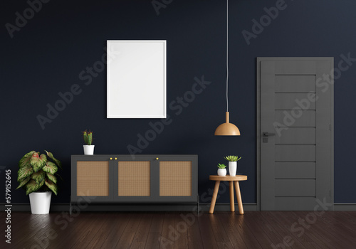 Wood sideboard in living room with frame mock up, 3D rendering © wuttichai1983