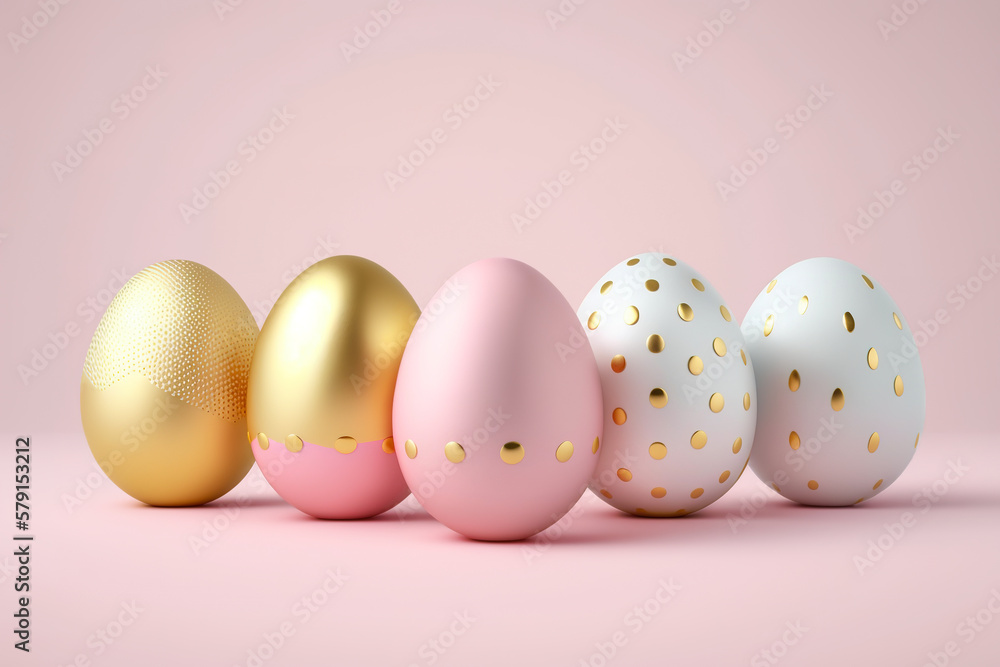 Stylish realistic illustration of five elegant Easter Eggs on a pink background. The Easter Eggs in pink and white are decorated with gold elements. Generative Ai.