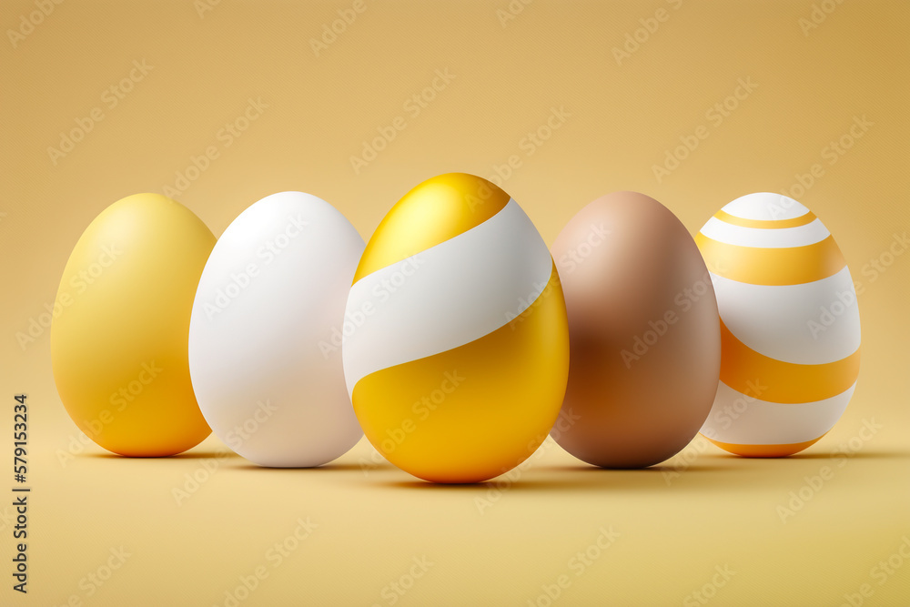 Realistic illustration of five elegant Easter Eggs on a yellow background. Painted decorated Easter Eggs in white and yellow. Generative Ai. Realistic illustration of five elegant Easter Eggs on a yellow background. Painted decorated Easter Eggs in white and yellow. Generative Ai.
