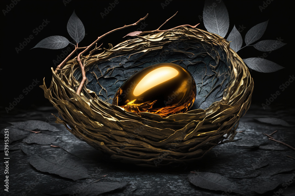 A golden egg in a dark nest decorated with black leaves. A golden egg as a symbol of good luck, wealth and health. Realistic illustration. Generative Ai. A golden egg in a dark nest decorated with black leaves. A golden egg as a symbol of good luck, wealth and health. Realistic illustration. Generative Ai.