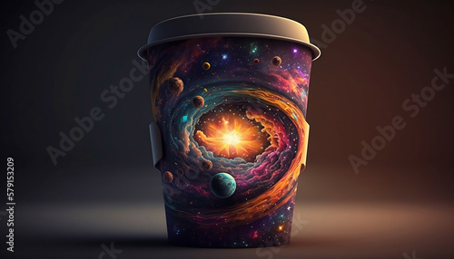 Space cup of coffee on a dark background new quality universal colorful technology stock image illustration design  generative ai