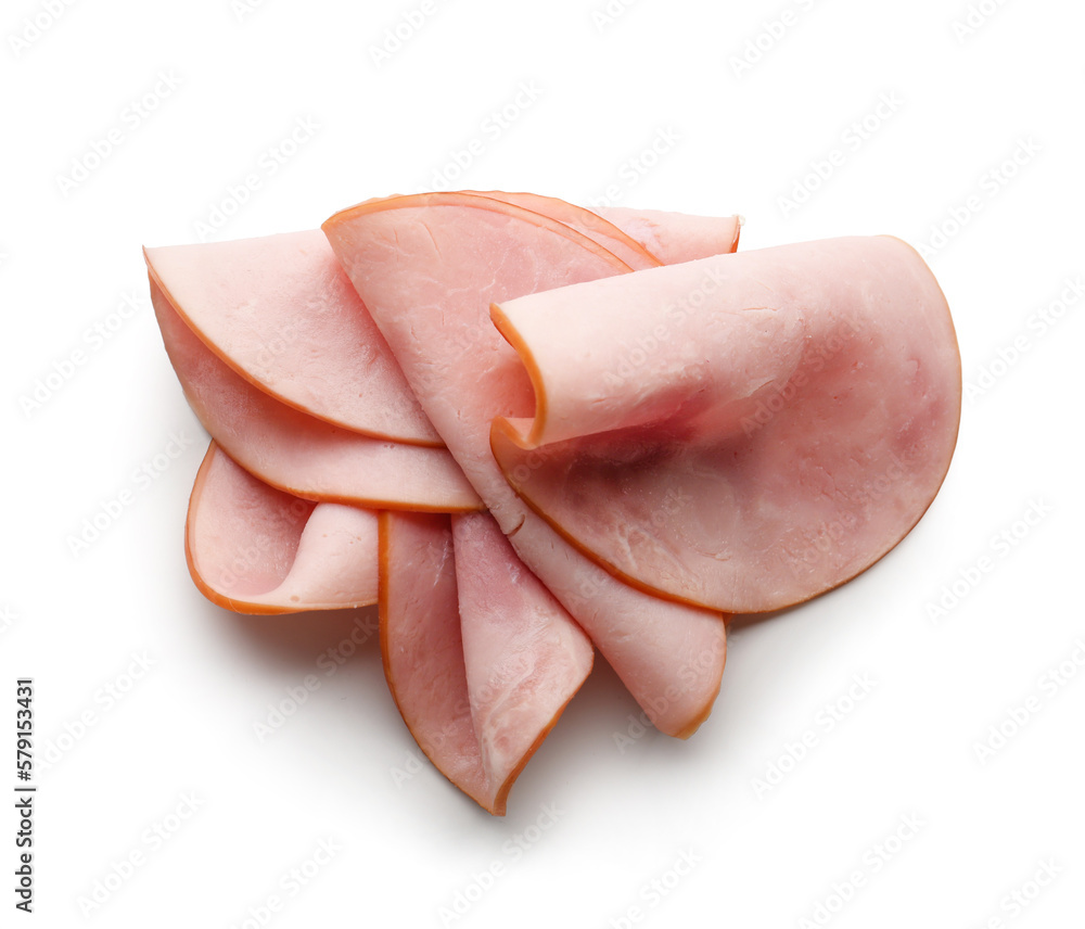 Delicious ham slices isolated on white background Delicious ham slices isolated on white background