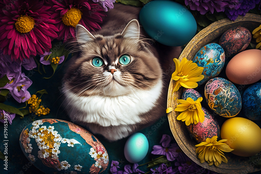 Abstract Easter Picture Of Eggs, Flowers, And A Cat Surrounded By Holiday Items, Holiday And Celebration Concept, Easter Day, Generative Ai