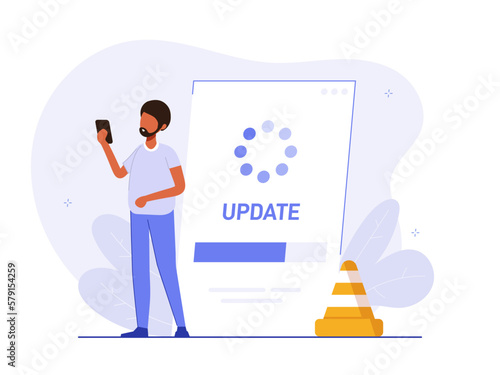System or web application upgrade procedure. Concept of software version update or renewal process indication. Man and phone. Flat colorful vector illustration for banner, poster. 