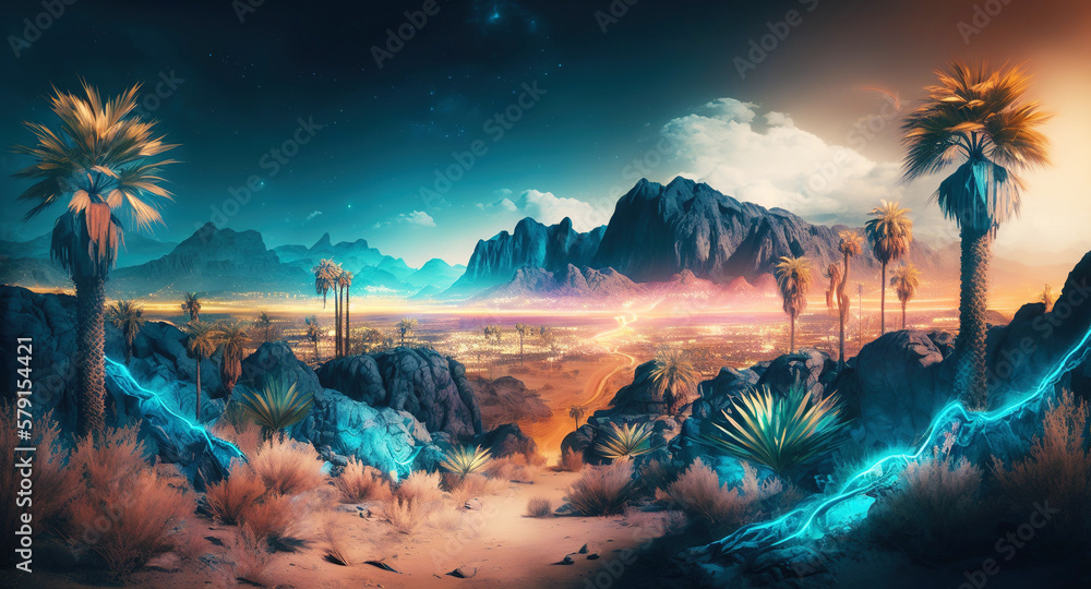 Palm trees in the desert with mountains on background. Neon colored synthwave landscape. Generative AI