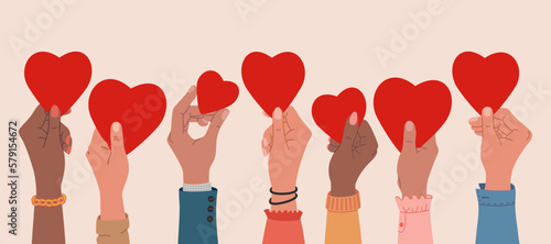Human hands holding hearts,  charity and donation concept.  Hand drawn vector vector illustration isolated on light background. Modern flat cartoon style.