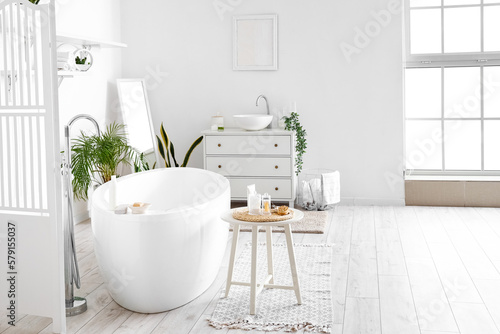 Interior of light bathroom with sink  bathtub and houseplants