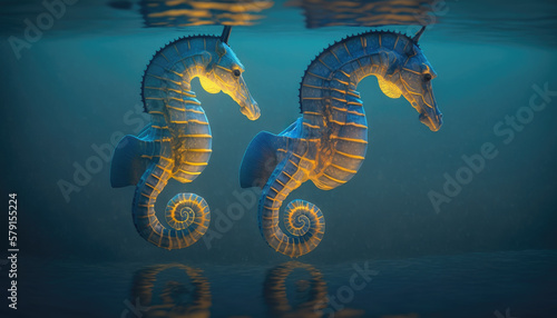Two seahorses in blue water created with generative AI technology