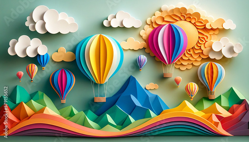 Creative and colourful paper art with sun, clouds, mountain and  hot air balloons. Created with generative AI