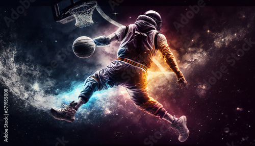 Astronaut in the outer space plays Basketball - Abstract Spaceman wallpaper - Generative AI