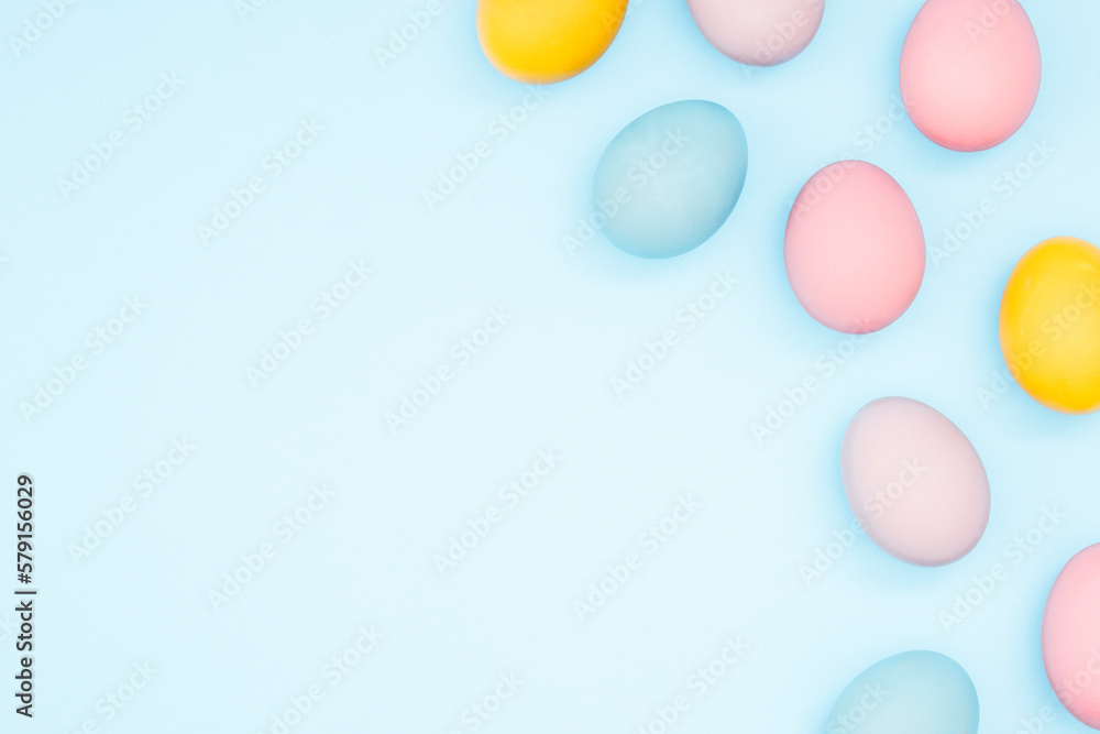 Easter eggs, pastel colors, top view. Flat lay, Easter background design