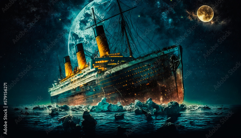 The titanic sinking in the ocean with full moon in the background ...