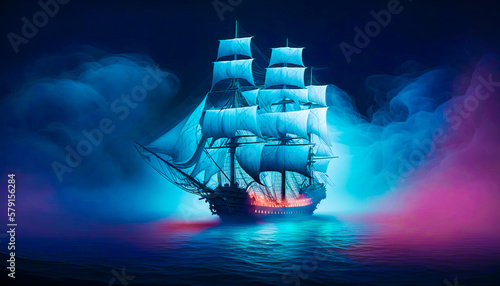 Foto An old sailing ship in the middle of the ocean. Generative AI.