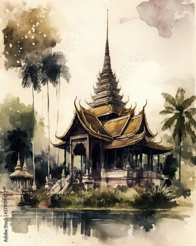 Small temple in Thailand (wat) surrounded by vegetation. Generative AI illustration © CostantediHubble