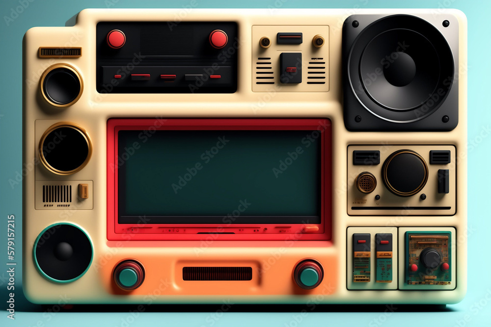 Fototapeta premium Retro Electronics Set Nostalgic Collectibles from 80s-90s Isolated on Colorful Background - AI Generated Illustration