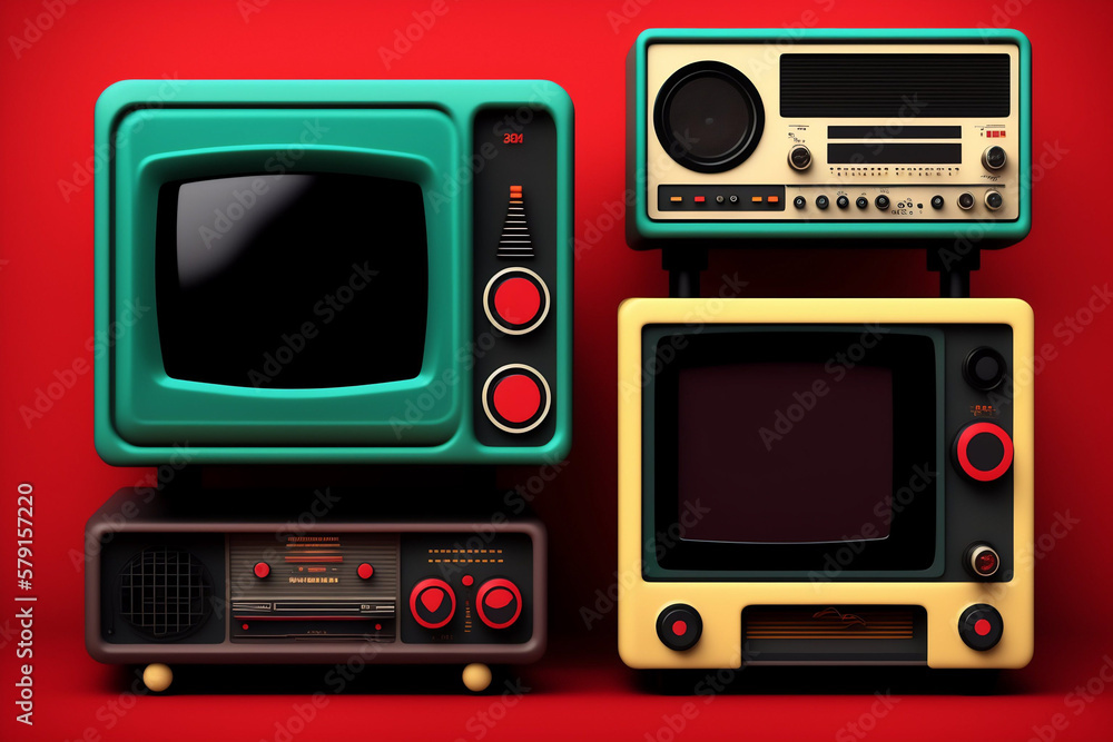 Retro Electronics Set Nostalgic Collectibles from 80s-90s Isolated on Colorful Background - AI Generated Illustration Retro Electronics Set Nostalgic Collectibles from 80s-90s Isolated on Colorful Background - AI Generated Illustration