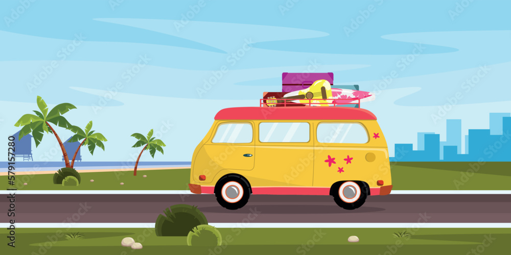 Vector illustration of a beautiful summer landscape. A cartoon landscape with a road and a car with suitcases, a guitar, a surfboard, road signs with the inscriptions: Maldives and Bali, palm trees.