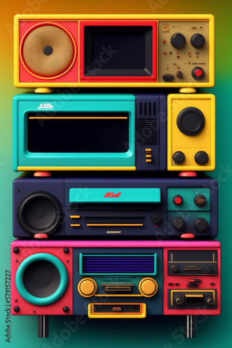 Retro Electronics Set Nostalgic Collectibles from 80s-90s Isolated on Colorful Background - AI Generated Illustration