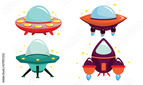 Set of cute and beautiful spaceships and rockets in cartoon style. Vector illustration of colored flying saucers, rockets and stars isolated on white background. Space object.