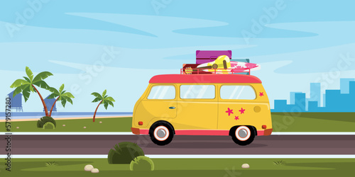 Vector illustration of a beautiful summer landscape. A cartoon landscape with a road and a car with suitcases, a guitar, a surfboard, road signs with the inscriptions: Maldives and Bali, palm trees.
