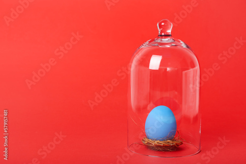 Nest with Easter egg under glass dome on red background
