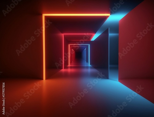 Background of an empty room  corridor. Spotlight  colorful neon light  reflection on tiles. Laser lines  shapes  smog