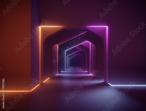 3d background empty room islam temple. Spotlight  colorful neon light  reflection on tiles. Laser lines  shapes  smog