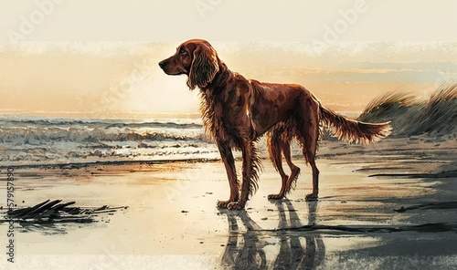 a painting of a dog standing on a beach next to the ocean.  generative ai