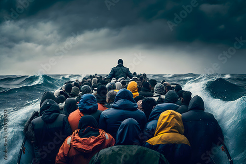 Crowd of people of illegal migrants crosses the state border across the sea in a crowded boat, a dangerous journey to another country Fototapet