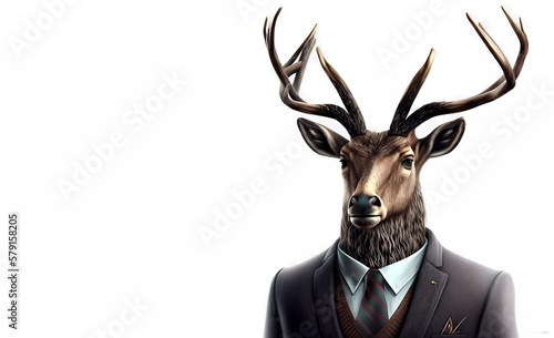 Deer with big antlers in a business suit. banner. generative AI