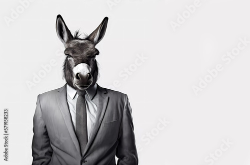 Donkey in a suit on a white isolated background.banner. generative AI