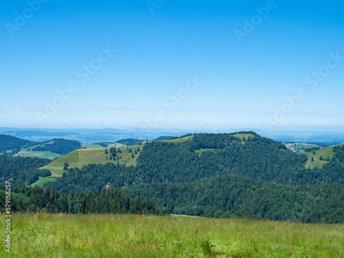 Zurich, Switzerland - June 12th 2022: View over a meadow towards the hills and forests in the Zurich region photo