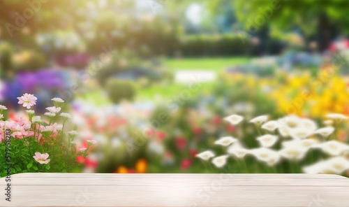  a wooden table in front of a flower garden with a blurred background. generative ai