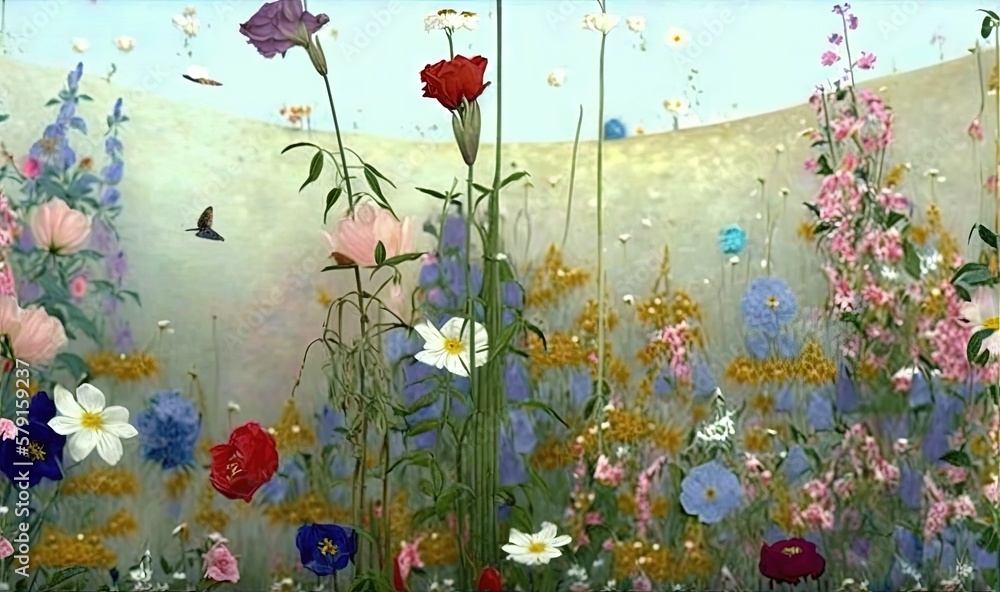  a painting of a field of flowers with a sky background.  generative ai
