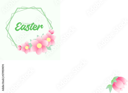 Beautiful green frame on a light background with pink colors and text. Vector card with text, space for copy, Happy Easter, illustration for the holiday. Green background with pink colors