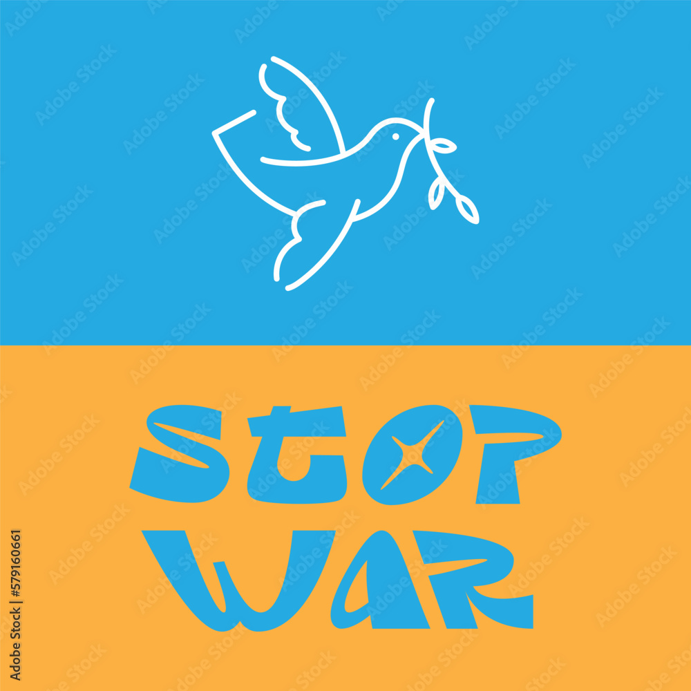 Poster in the colors of the Ukrainian flag. Yellow and blue rectangle. Line art dove in the sky. A symbol of peace. Antiwar slogan Stop War. Vector illustration in support of Ukraine. Protest Poster in the colors of the Ukrainian flag. Yellow and blue rectangle. Line art dove in the sky. A symbol of peace. Antiwar slogan Stop War. Vector illustration in support of Ukraine. Protest