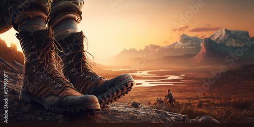 hiking or expedition boots with mountain landscape, generative ai illustration