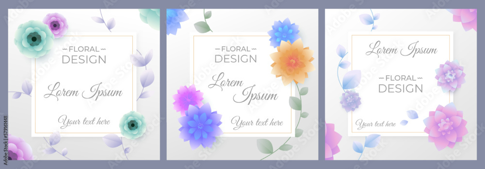 Set of cute light square banners with flowers and leaves.