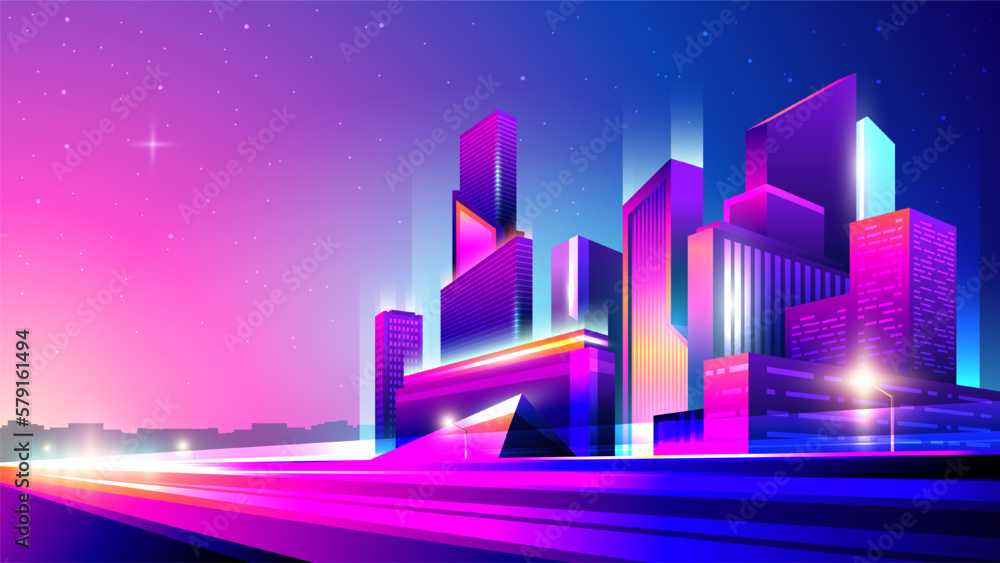 Vector neon colorful gradient illustration of evening business center.