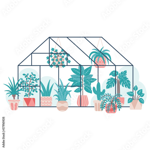 Flat vector illustration with home tropical plants greenhouse isolated on white background. Growing and caring for plants.