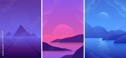 Set of colorful gradient landscapes of night and sunset sky.
