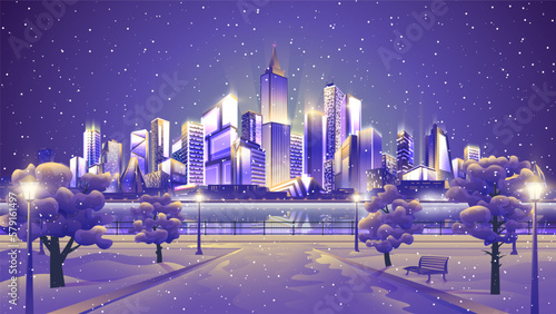 Night shining winter city park on metropolis background.